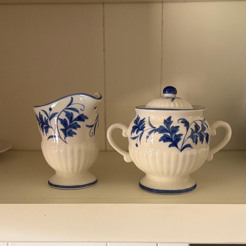 Blue and White Floral Creamer and Sugar Set